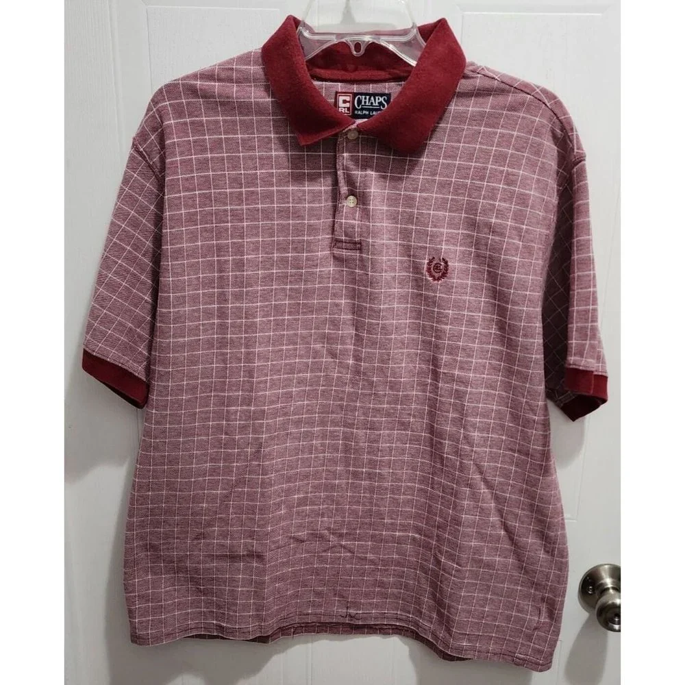 VTG Chaps Ralph Lauren Red Check Crest Logo Cotton Short Sleeve Polo Shirt Large